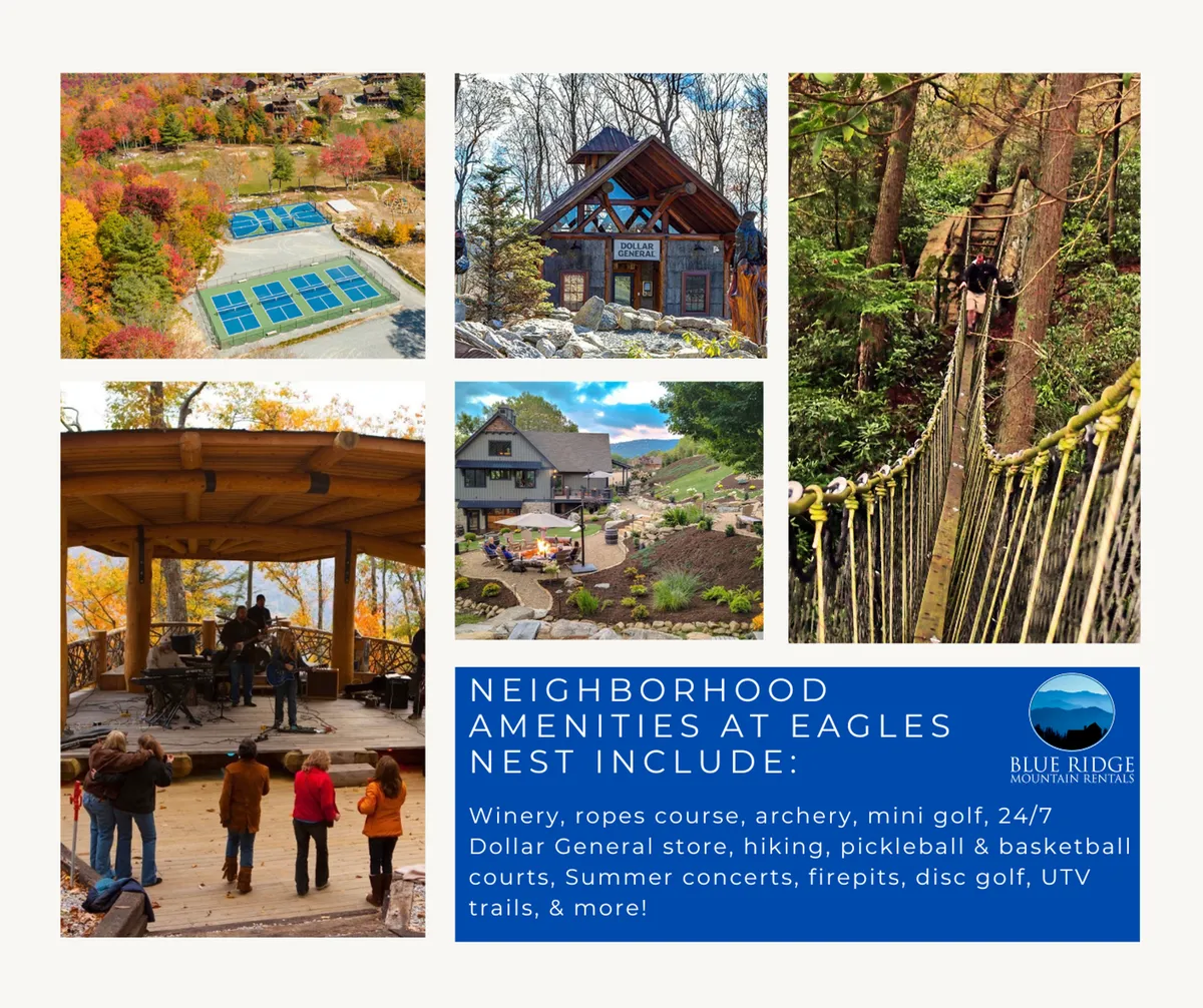 A lively exterior shot featuring an outdoor concert stage set within the Eagles Nest community. Luxurious cabin lodges, ropes course structures, pickleball courts, and a broad expanse of natural landscape are visible, capturing a festive atmosphere of outdoor activities. Families and groups can be imagined enjoying live music, playing mini-golf, and gathering for community events.